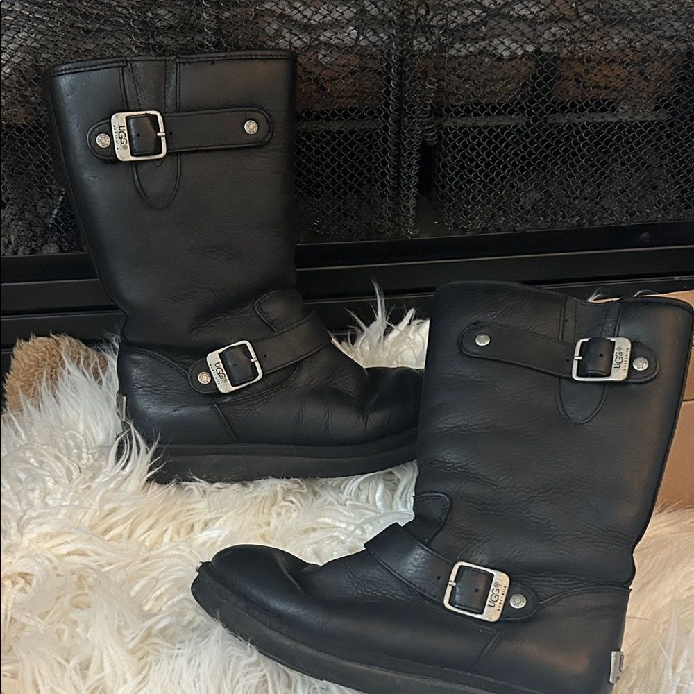 UGG Black Leather Moto Buckle Boots